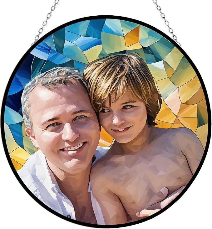 Stained Glass Window Hanging Gifts for Grandpa, Custom Photo Family Window Hanging Ornament, Grandpa and Kids Portrait Faux Stained Glass, Birthday, Gifts for Fathers Day