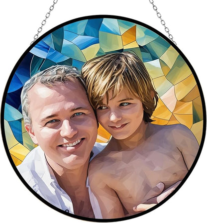 Stained Glass Window Hanging Gifts for Grandpa, Custom Photo Family Window Hanging Ornament, Grandpa and Kids Portrait Faux Stained Glass, Birthday, Gifts for Fathers Day