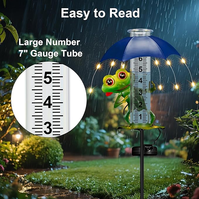Rain Gauge Outdoor, Frog Rain Gauges with LED Solar Lights Yard Decoration, Metal Yard Art Garden Statues Frog Gifts for Women, Funny Rain Gauge Outdoor Decorative for Patio Garden Decor