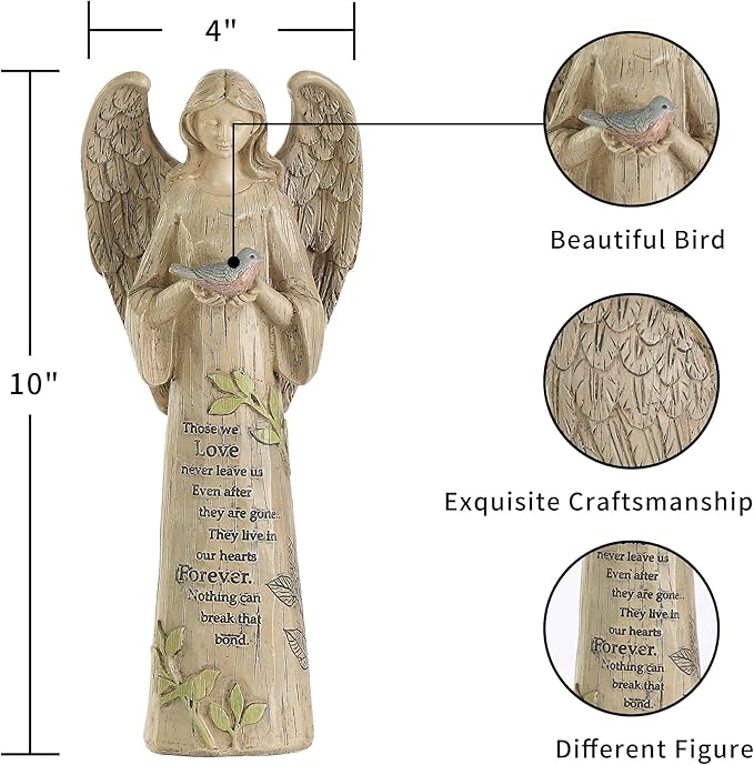 DUSVALLY Angel Resin Statue, Memory Guardian Garden Decor, 10" H Waterproof Outdoor Angel Statue Praying Angel Figurine Sculpture for Lawn & Yard (Holding the Bird)