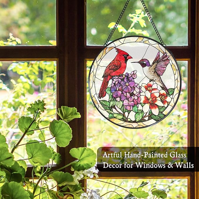 Cardinal Hummingbird Stained Glass Window Hanging Suncatcher, Flower Bird Sun Catcher Indoor Window Decor, Birds Lover Gifts Painted Glass Round Wall Hanging Decorations, 7.8x7.8 in