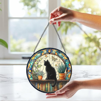 Black Cat Stained Glass Window Hanging, Book Lovers Suncatchers Sun Catchers Indoor Window Glass Wall Art, Book Reader Gifts, Black Cat Round Wall Hanging Decor, 7.9x7.9in,