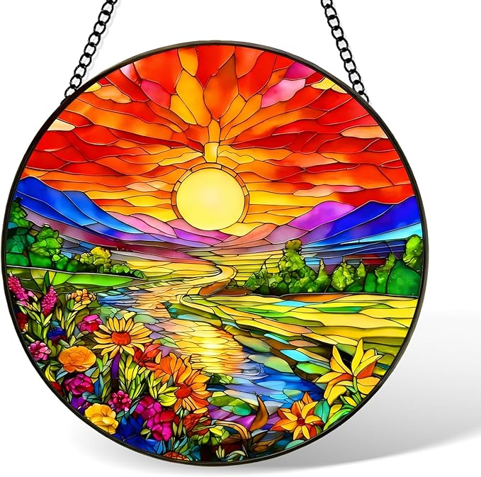 Stained Glass Window Hanging, Sunset Mountains Flower Sun Catchers Glass Panel, Suncatcher Window Decor 8", Birthday for Women Men Mom and Friend Colleague