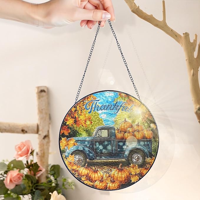 FLAGWIX Fall Decorations for Home - Tractor Stained Glass Window Hanging 8in - Sun Catchers Indoor Window, Fall Gifts for Women Men, Thanksgiving Decorations Suncatcher, Thanksgiving Gifts for Mom Dad