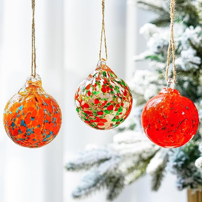 Set of 3 Hand Blown Glass Ball Ornament 2.3in Hanging Glass Gazing Balls Decor for Garden Patio