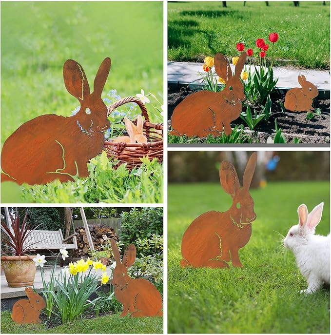 CroBlissful 2 Pack Mama and Baby Bunny Garden Stake, Metal Realistic Long Ear Rabbit Animal Stake Pack Decorative Garden Stakes Yard Art Flowerbed Outdoor Decoration, Rust
