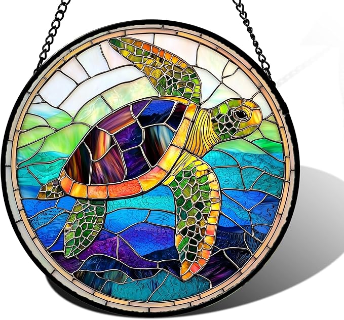 DASTOLL Stained Glass Window Hanging, Colored Turtle Ocean Suncatcher Diamond Glass Panel Hangings Marine Life Sun Catchers Decor for Birthday for Women, Men, Wife, Aunt, Mom 6.3 in