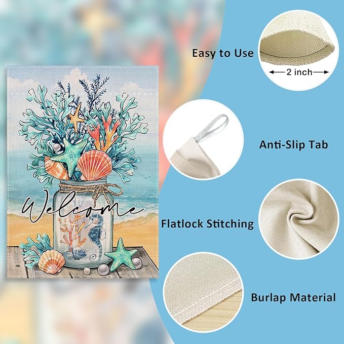 Welcome Summer Mason Jar Decorative House Flag, Beach Coastal Coral Starfish Shell Sea Horse Garden Yard Outside Decorations, Nautical Seasonal Outdoor Large Home Decor Double Sided 28 x 40