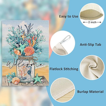 Welcome Summer Mason Jar Decorative House Flag, Beach Coastal Coral Starfish Shell Sea Horse Garden Yard Outside Decorations, Nautical Seasonal Outdoor Large Home Decor Double Sided 28 x 40