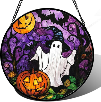 Stained Glass Window Hanging Halloween White Ghost Black Bat 6.3" - Suncatcher Door Garden Sunroom Horror Pumpkin Sun Catcher Birthday for Friend Mom Men Woman Nana