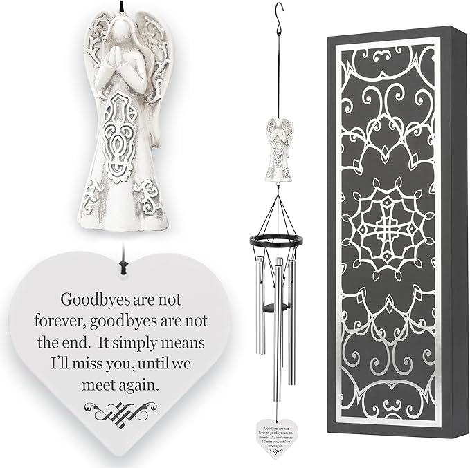 Memorial Wind Chimes with Celtic Angel & Heart - Goodbyes are Not Forever - Sympathy Gift for Loss of a Loved One