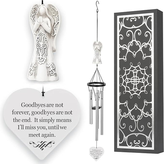 Memorial Wind Chimes with Celtic Angel & Heart - Goodbyes are Not Forever - Sympathy Gift for Loss of a Loved One