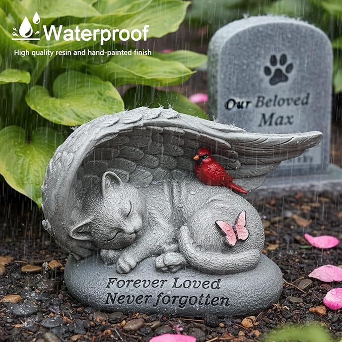 Cat Memorial Stones with Angel Wing Kitten Sculpture Sleeping 6 Inch, Pet Grave Markers Resin Pet Loss Sympathy Gift Cat for Outdoor Garden Gravesite Funeral