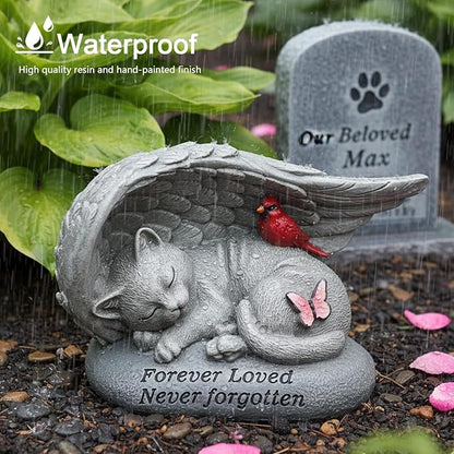 Cat Memorial Stones with Angel Wing Kitten Sculpture Sleeping 6 Inch, Pet Grave Markers Resin Pet Loss Sympathy Gift Cat for Outdoor Garden Gravesite Funeral