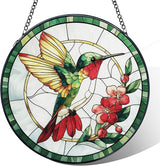 Hummingbird Stained Glass Window Hanging, Hummingbird Suncatcher, Bird Floral Sun Catchers Indoor Window Round Glass Wall Art Hanging Decorations, 7.9x7.9in