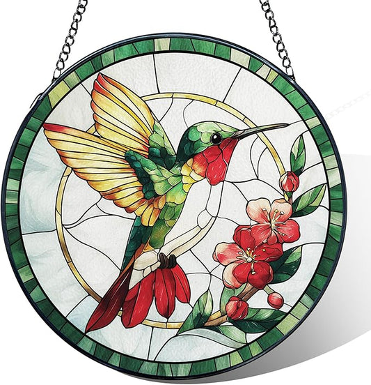 Hummingbird Stained Glass Window Hanging, Hummingbird Suncatcher, Bird Floral Sun Catchers Indoor Window Round Glass Wall Art Hanging Decorations, 7.9x7.9in