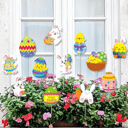 Cinrobiye 12Pcs Easter Planter Stakes Flower Pot Signs 5.9Inches Bunny Chick Jesus Egg Garden Stake Outdoor Lawn for Easter Party Patio Yard Outside Greetings Home Farmhouse Decor