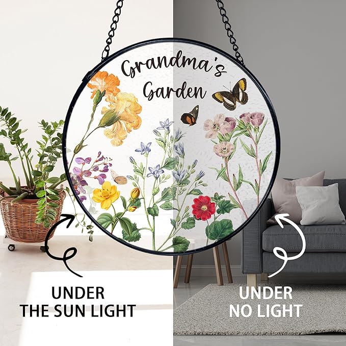 TNUW Grandma's Garden Stained Glass Window Hanging, Grandma Gifts from Grandkids Sun Catchers Indoor Window Glass Round Wall Art Decor, Grandmother Gifts Wall Hanging Decorations, 7.9＂x7.9＂