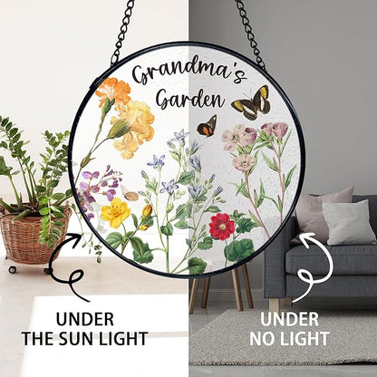 TNUW Grandma's Garden Stained Glass Window Hanging, Grandma Gifts from Grandkids Sun Catchers Indoor Window Glass Round Wall Art Decor, Grandmother Gifts Wall Hanging Decorations, 7.9＂x7.9＂
