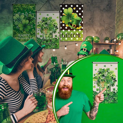 Tegeme 3 Pcs Happy St. Patrick's Day Banner Door Decoration St. Patricks Day Hanger Door Sign Green Shamrock Hanging Flag Ornaments for Irish Party Holiday Outdoor Indoor Home