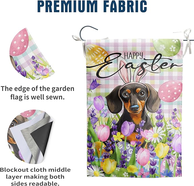 Happy Easter Dog Garden Flag Dachshund Spring Flags Buffalo Plaid Bunny Eggs Yard Flag for Outside 12x18 Double Sided Small Decorative Floral Outdoor Flag