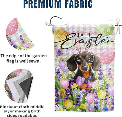 Happy Easter Dog Garden Flag Dachshund Spring Flags Buffalo Plaid Bunny Eggs Yard Flag for Outside 12x18 Double Sided Small Decorative Floral Outdoor Flag