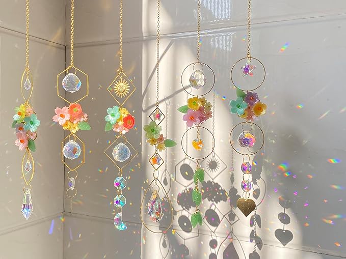 6 Pieces Flowers Ball Crystals Suncatcher Hanging Sun Catchers with Chain Pendant Ornament Crystal Prisms Rainbow for Window Decoration Gift (Gold)