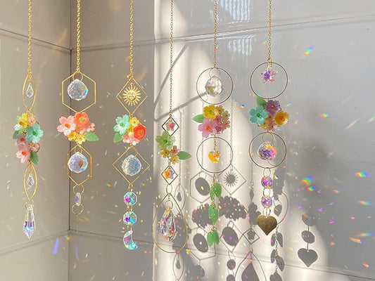 6 Pieces Flowers Ball Crystals Suncatcher Hanging Sun Catchers with Chain Pendant Ornament Crystal Prisms Rainbow for Window Decoration Gift (Gold)