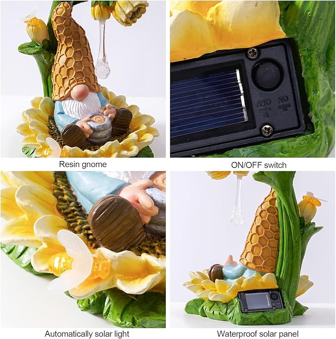 RM ROOMERS Gnome Fall Decor Garden Solar Gnomes Decoration for Yard Autumn Decor Resin Sunflower Gnome Statue with LED Lights for Patio Honey Drip Home Gifts for Women Housewarming