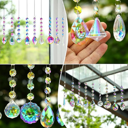 KANPURA 9 PCS Crystal Rainbow Suncatchers, Hanging Crystals Sun Catchers with Chain for Windows, Colorful Suncatcher Prism Pendant Hanging Crystals for Home Christmas Tree Decor