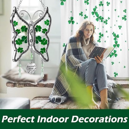 KY&BOSAM Shamrock Butterfly Suncatcher Precious Mom Gifts Irish Celtic for Window Hanging Wind Chime Real Flower Wings with Metal Charm Gifts for Women St Patrick's Mothers Day Birthday Christmas