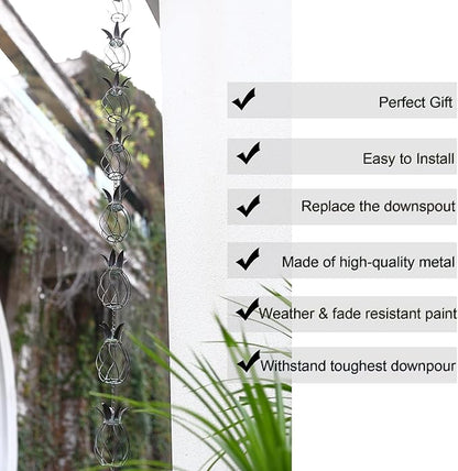 Metal Pineapple Heavy Duty Rain Chain for Heavy Rain, Functional and Decorative Replacement Downspout Chain for Outside, Rain Catcher Chain for Gutters, 8.5FT