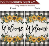 LARMOY Welcome Spring House Flag for Outdoor,28×40 Double Sided Black and White Buffalo Plaid with Sunflowers,Large Decorative Yard Flags for Summer All Seasons, Seasonal Farmhouse Outside Decor