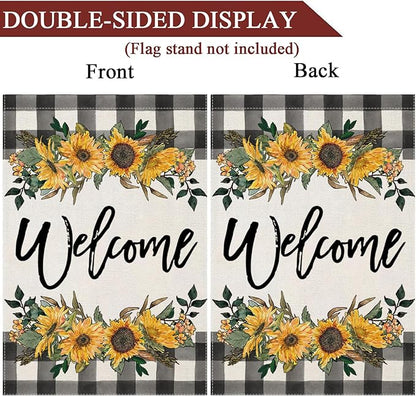 LARMOY Welcome Spring House Flag for Outdoor,28×40 Double Sided Black and White Buffalo Plaid with Sunflowers,Large Decorative Yard Flags for Summer All Seasons, Seasonal Farmhouse Outside Decor