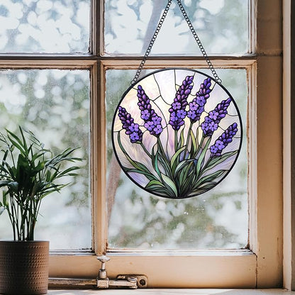 Lavender Flower Stained Glass Window Hanging Suncatchers, Purple Lavender Sun Catchers Indoor Window Glass Wall Art Decor, Floral Botanical Wall Hanging Decorations Sculptures, 7.9x7.9in