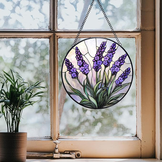 Lavender Flower Stained Glass Window Hanging Suncatchers, Purple Lavender Sun Catchers Indoor Window Glass Wall Art Decor, Floral Botanical Wall Hanging Decorations Sculptures, 7.9x7.9in