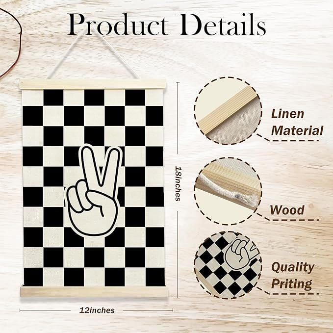 NQDWX Black and White Checkered Peace Sign Wood Poster Hanger - Retro Preppy Checkerboard Wall Decor, Hippie Boho Hanging Art for Bedroom, Dorm & Teen Room, 12x17 Inch Rustic Wood Frame Gift. (131)