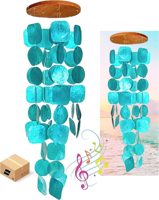 Bellaa Handmade Wind Chimes Outdoor, Musical, Garden Decorations, Beach, Ocean, Breeze, Gifts for Mom, Outside Windchimes, 63pcs, Capiz, Shells, Sea, Glass, Wood, Turquoise, 20744