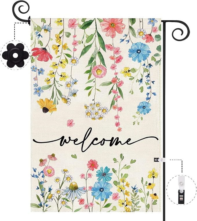 Baccessor Spring Welcome Floral Garden Flag 12.5x18 Inch Double Sided Summer Flower Yard Flag Outside Outdoor Seasonal Burlap Funny Flowers Flags Home Patio Decoration