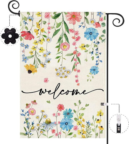 Baccessor Spring Welcome Floral Garden Flag 12.5x18 Inch Double Sided Summer Flower Yard Flag Outside Outdoor Seasonal Burlap Funny Flowers Flags Home Patio Decoration