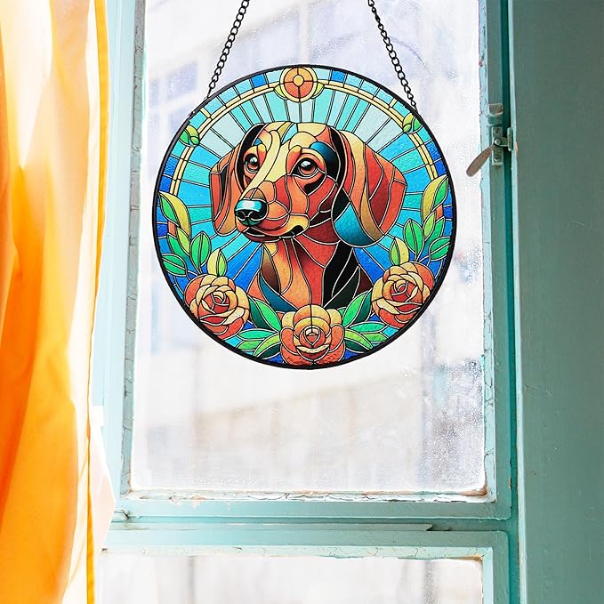 Stained Glass Dog Memorial Suncatcher,Dachshund Window Hanging,Sympathy Gifts for Pet Loss,7.9 inch/20 cm Home and Garden Decor for Dog Lovers