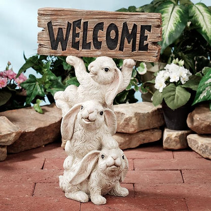 Touch of Class Bunnies Trio Welcome Sculpture - Resin - White, Brown - Indoor, Outdoor - Cute Smiling Hares for Entryway, Foyer, Hallway, Porch, Garden, Lawn, Yard