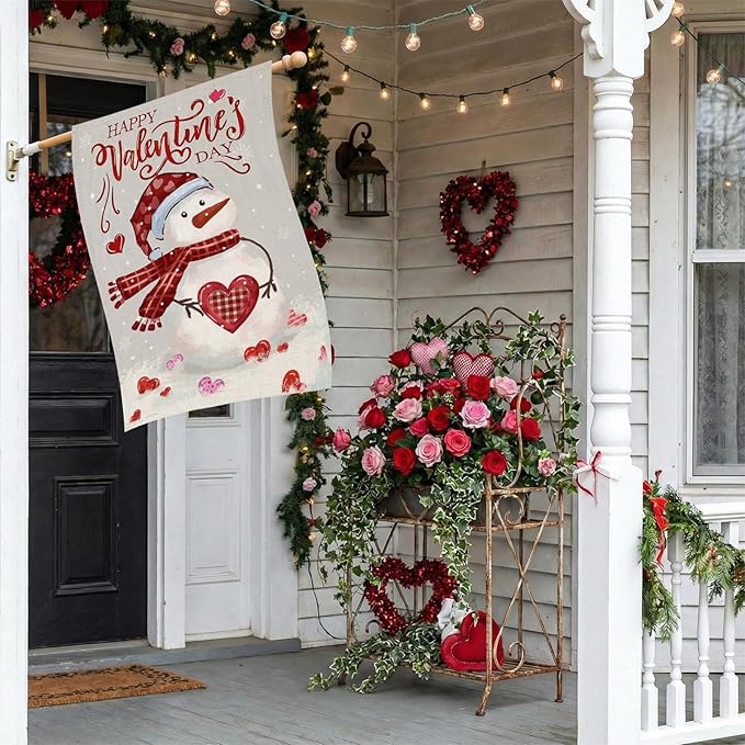 Happy Valentine’s Day House Flags for Outdoor Decoration, Watercolor Snowman with Love Hearts Large Yard Flag,Seasonal Decorative Decor for Holiday Anniversary Wedding Outside 28x40 Inch Double Sided