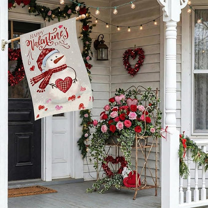 Happy Valentine’s Day House Flags for Outdoor Decoration, Watercolor Snowman with Love Hearts Large Yard Flag,Seasonal Decorative Decor for Holiday Anniversary Wedding Outside 28x40 Inch Double Sided