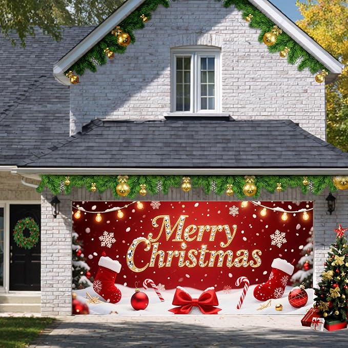 HOMETITUTE Christmas Garage Door Banner 13x6ft Merry Xmas Gold Sign Stockings Candy Bows Ornaments Snowflakes Red Backdrop Outdoor Yard Photo Background Holiday Decoration