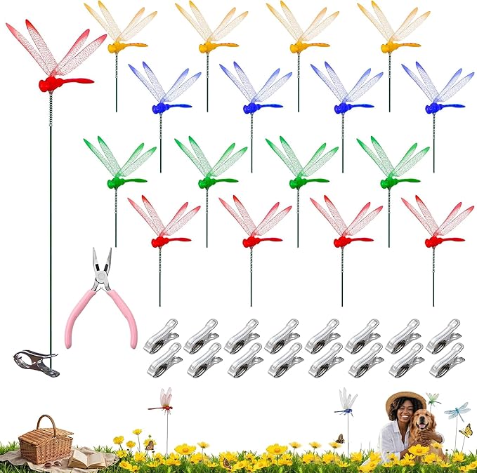 Jongdari 16 Sets Dragonfly Hat Clip Realistic Fake Dragonflies Clip-On Garden Outdoor Decor Stakes Plastic Dragon Fly Clips Plant Decorations for Pots, Includes Pliers & Clips - Small