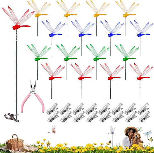 Jongdari 16 Sets Dragonfly Hat Clip Realistic Fake Dragonflies Clip-On Garden Outdoor Decor Stakes Plastic Dragon Fly Clips Plant Decorations for Pots, Includes Pliers & Clips - Small