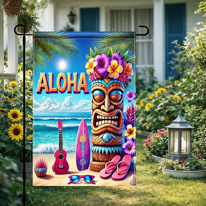 BlissYard Aloha Tiki Garden Flag 12x18 Double Sided Vertical Outdoor Decor Tropical Island Beach Tiki Mask Surf Guitar Summer Yard Garden Lawn Patio Banner