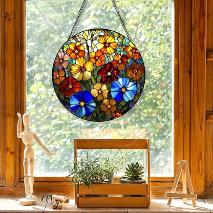 Stained Glass Window Hanging, Spring Colorful Flowers Suncatcher for Window Doors Garden Home Decoration, Floral Plant Glass Ornaments for Women,Men,Wife, Lovers, and Mom 7.8×7.8 in