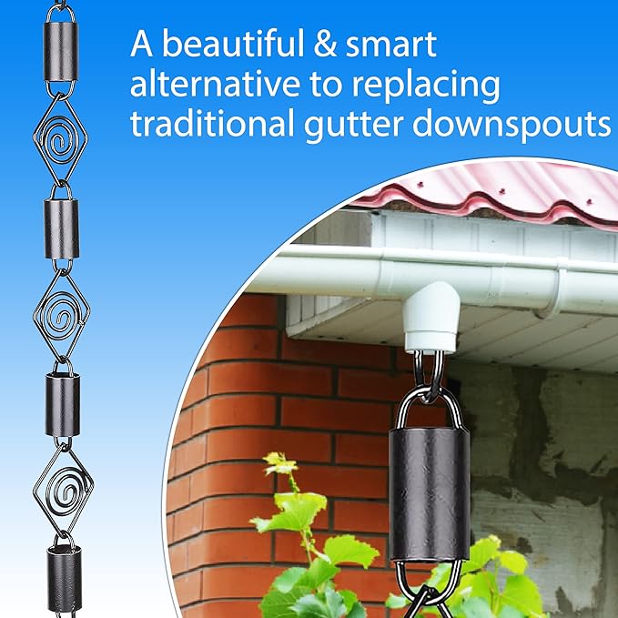 RainChains Pacific Diamond Rain Chain 8.5ft Black Aluminum Rain Chains for Gutters Heavy Rain Downspout Chains for Gutters Decorative.